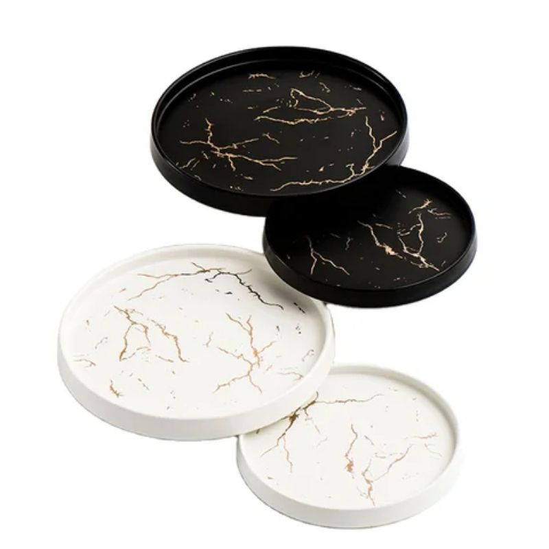 Piring Steak Keramik Corak Marble Hitam Dan Putih Gold