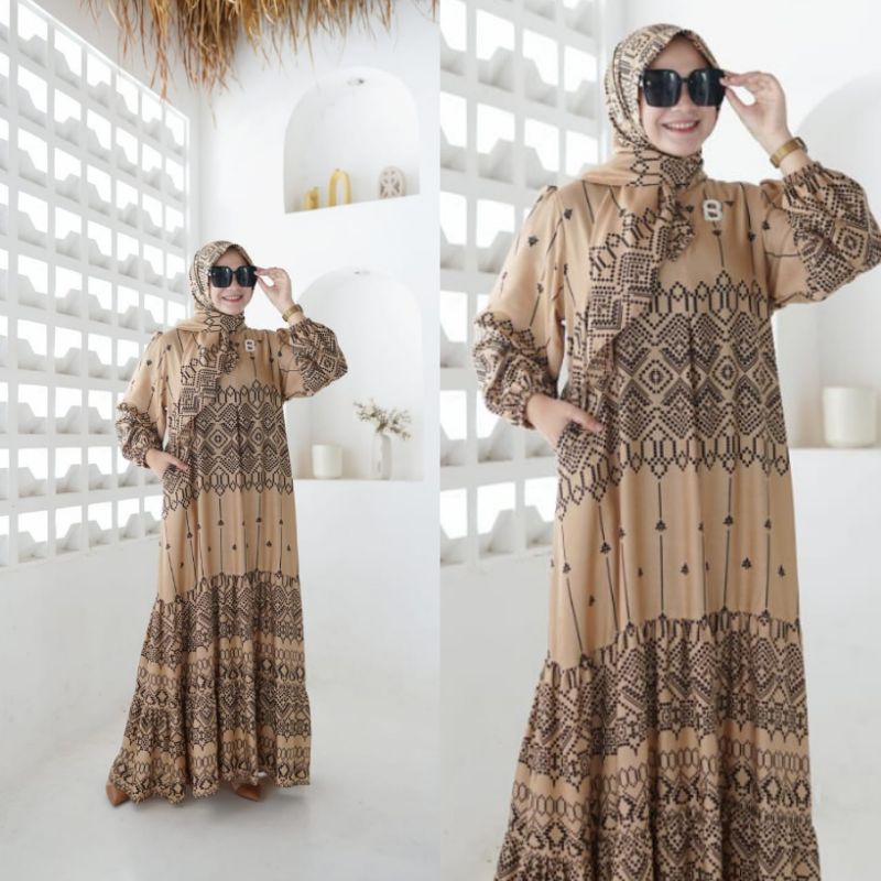 Gamis Rayon Motif | Aura Set Hijab | Gamis Set Hijab | Gamis Set Kerudung | Gamis Rayon Set Hijab | 