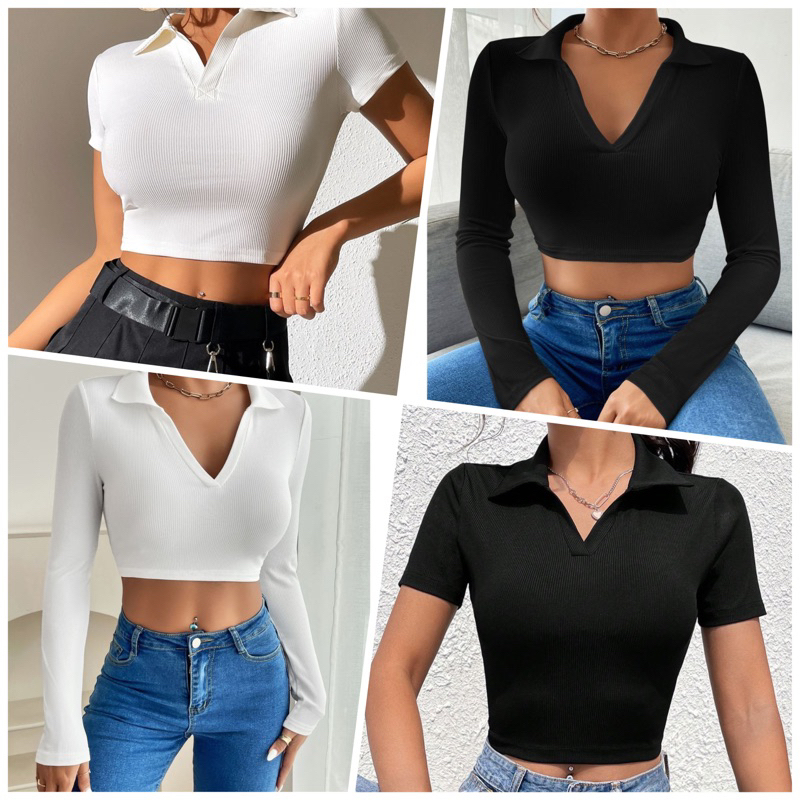 Alana V Top Kerah / Crop Lengan Panjang / Crop Lengan Pendek / Tiecollection