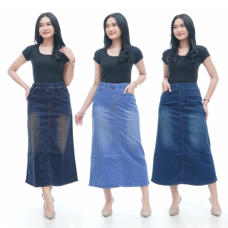 NEW ARRIVAL 27-42 || Rok jeans wanita terbaru / rok panjang pinggang karet jumbo / rok  jins A-line 