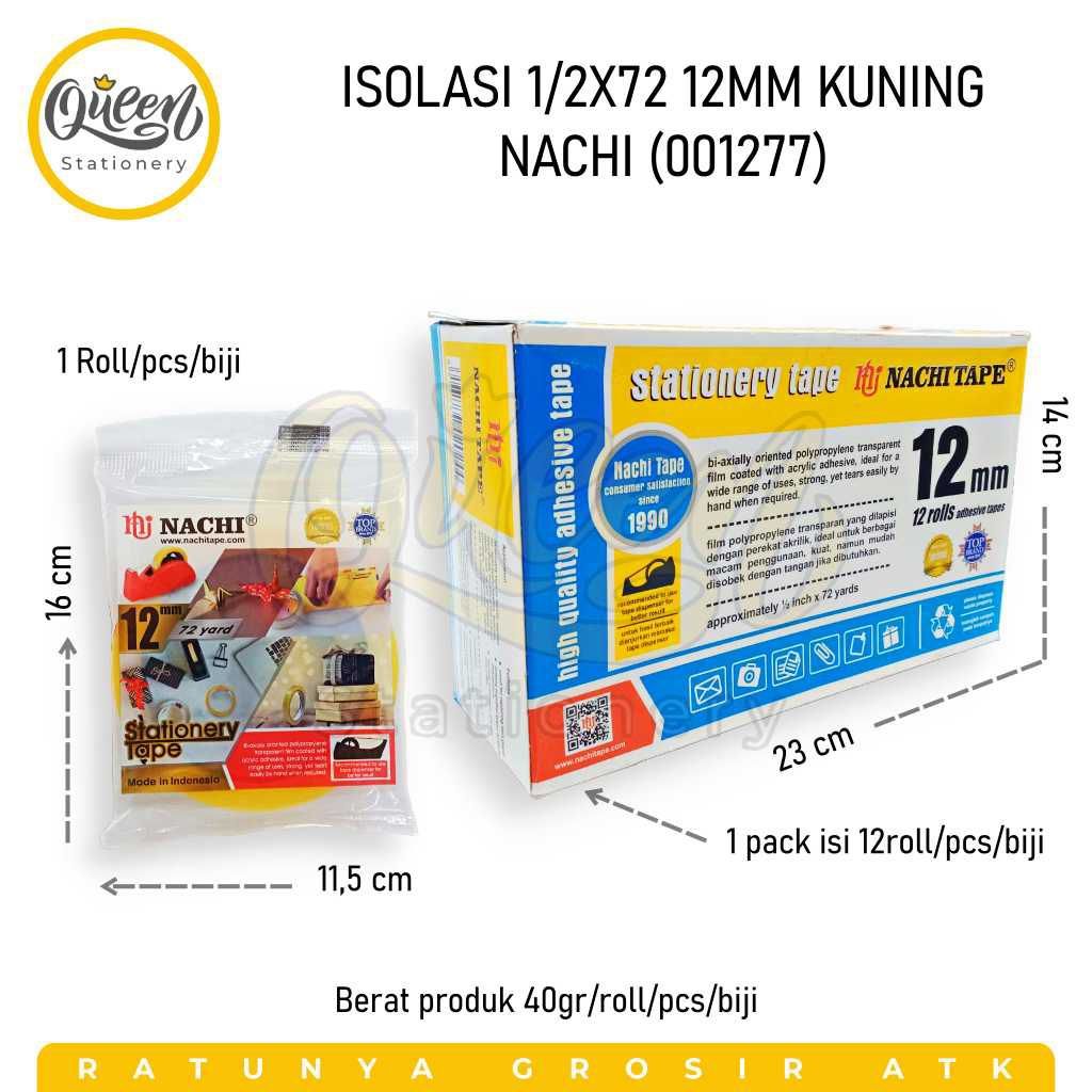 

1 PCS ISOLASI 1/2X72 12MM KUNING NACHI / SOLASI KUNING / LAKBAN KECIL (001277)
