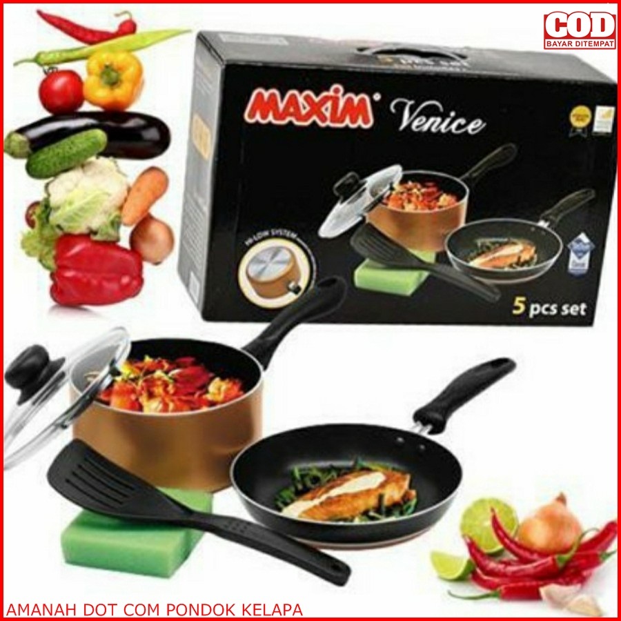 MAXIM VENICE 5 Set Wajan/Panci/Spatula/Spon/Tutup Kaca - 100% ORIGINAL MAXIM