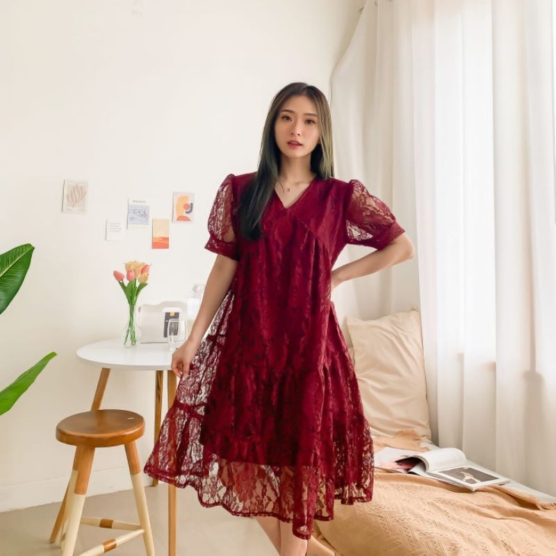 BRUKAT DRES/DRES WANITA/DRES WARNA MERAH/XMAS DRES