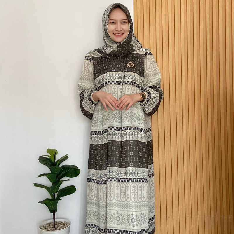 Berryl dress - Gamis Syari Set Kerudung Segiempat / Hijab Ceruty Motif Batik by Hurem.id