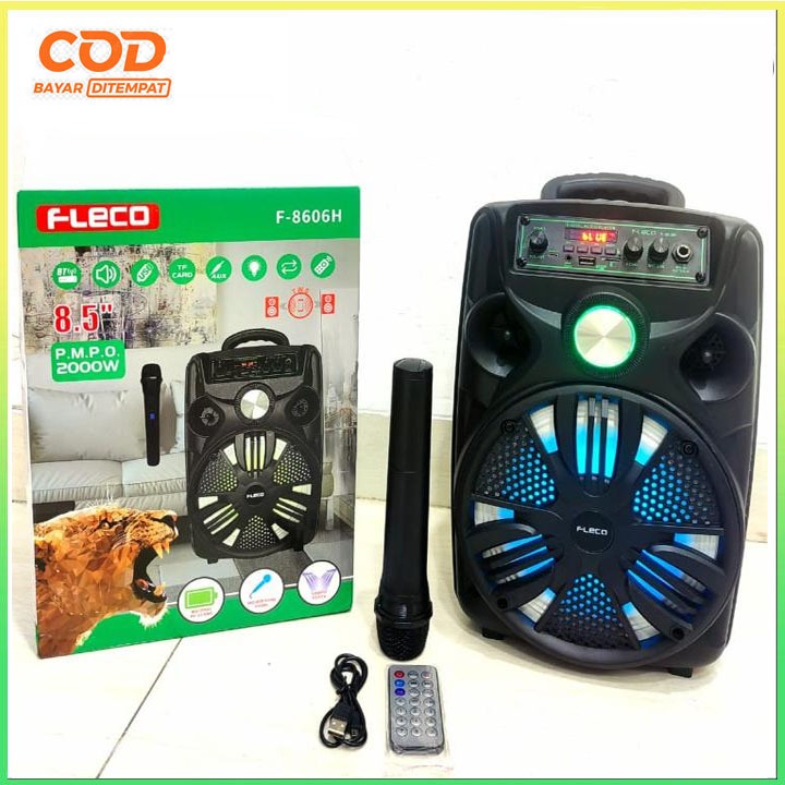 speaker bluetooth karaoke Fleco F-8606 LED AB Bonus Mic Wireless Speaker meeting MURAH 8606 LED AB
