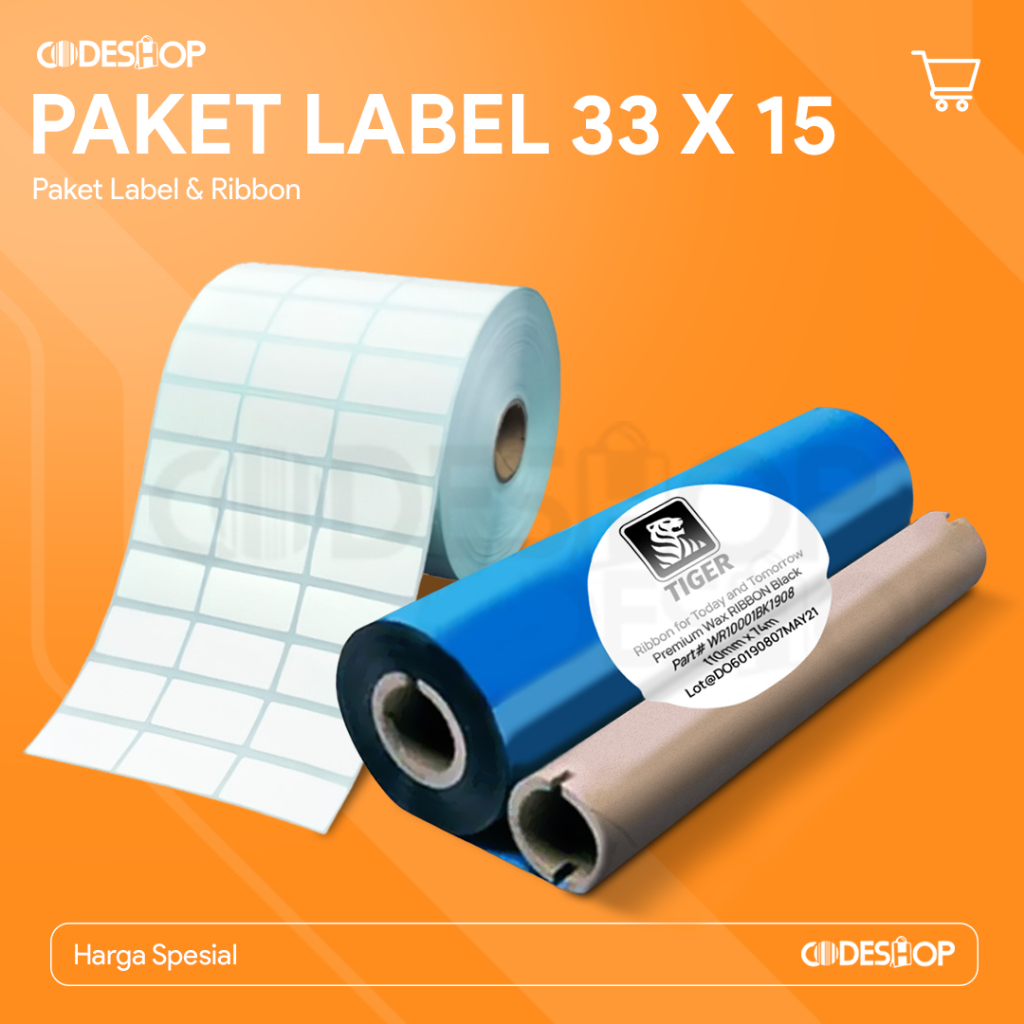 

Paket Label Barcode Semicoated 33x15 5pcsc + Ribbon Wax 110x75 3pcs
