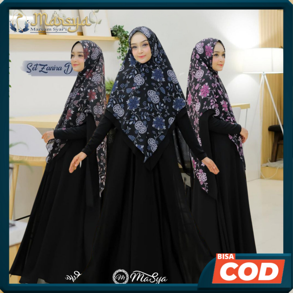 Set Gamis Dress Ceruty Babydoll Syari Branded Prinitng Denim - Maroon - Black - Magenta Mewah Masya 