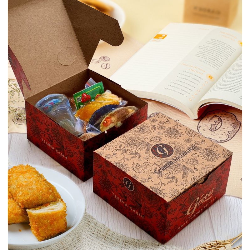 

isi 50 dus snack box gretel gs brown / dus kue ukuran 12x12 12x14 12x16