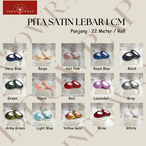

[ROLL] PITA SATIN LEBAR 1 CM ROLL 25 YARD / 22 METER PITA KADO GIFT BOUQUET BUNGA DEKORASI