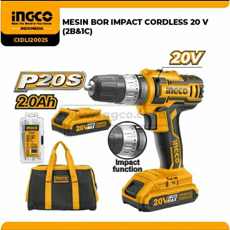 INGCO Mesin Bor Impact Cordless Eco 10mm 20V CIDLI200215