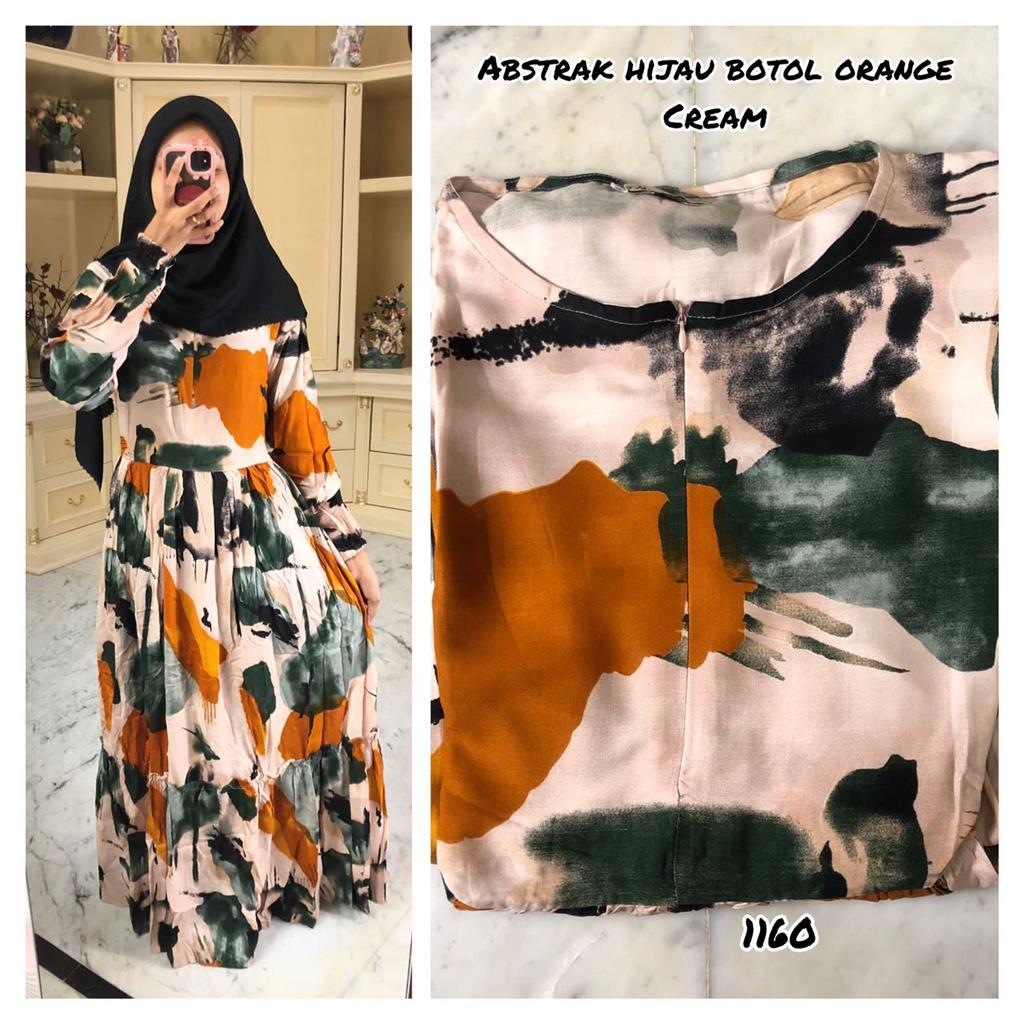 GAMIS RAYON MOTIF ABSTRAK HIJAU BOTOL ORANGE (CREAM)