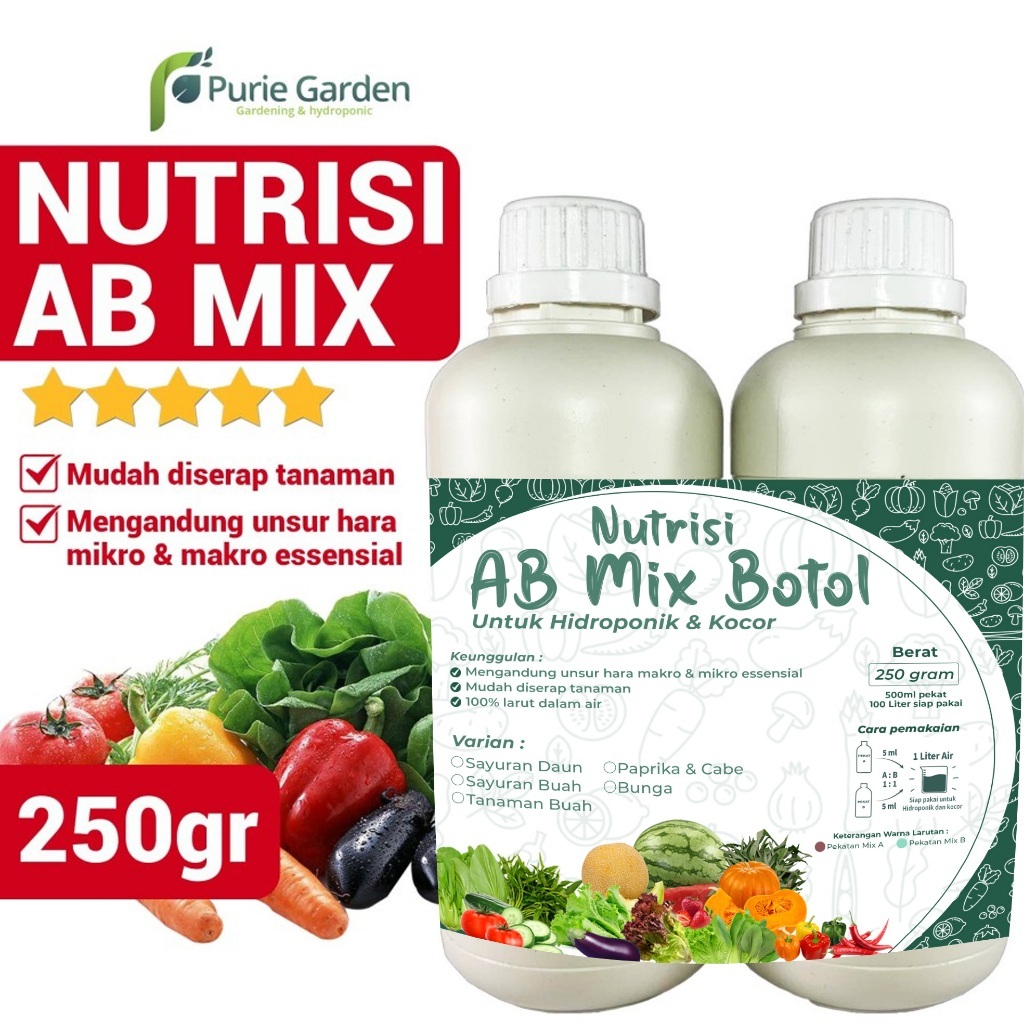 Purie Garden Pupuk Nutrisi Hidroponik AB Mix 250gr 500 ml Pekat Botol PG BGR