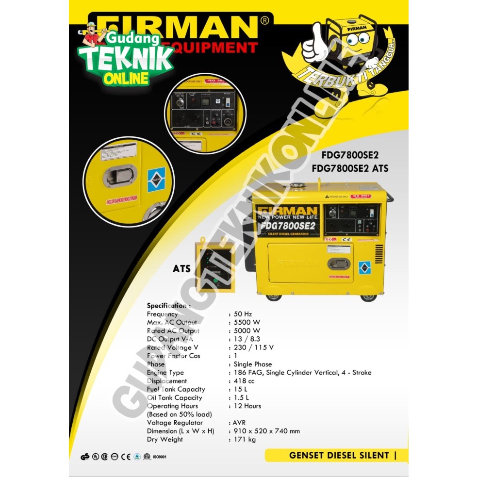 (FDG-7800S2E FIRMAN) Mesin Genset Silent DIESEL 5000W FDG7800S2E WITH ATS FIRMAN / Power Generator Gasoline SOLAR ATS 5000 Watt 5kw FDG 7800 SE2 FIRMAN