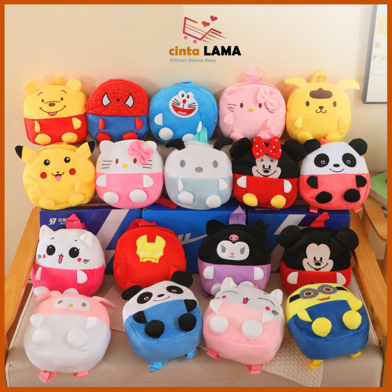 Tas Ransel Anak TK Sekolah Karakter Kartun Boneka Kain Bludru Kids Backpack Laki-laki Perempuan T289