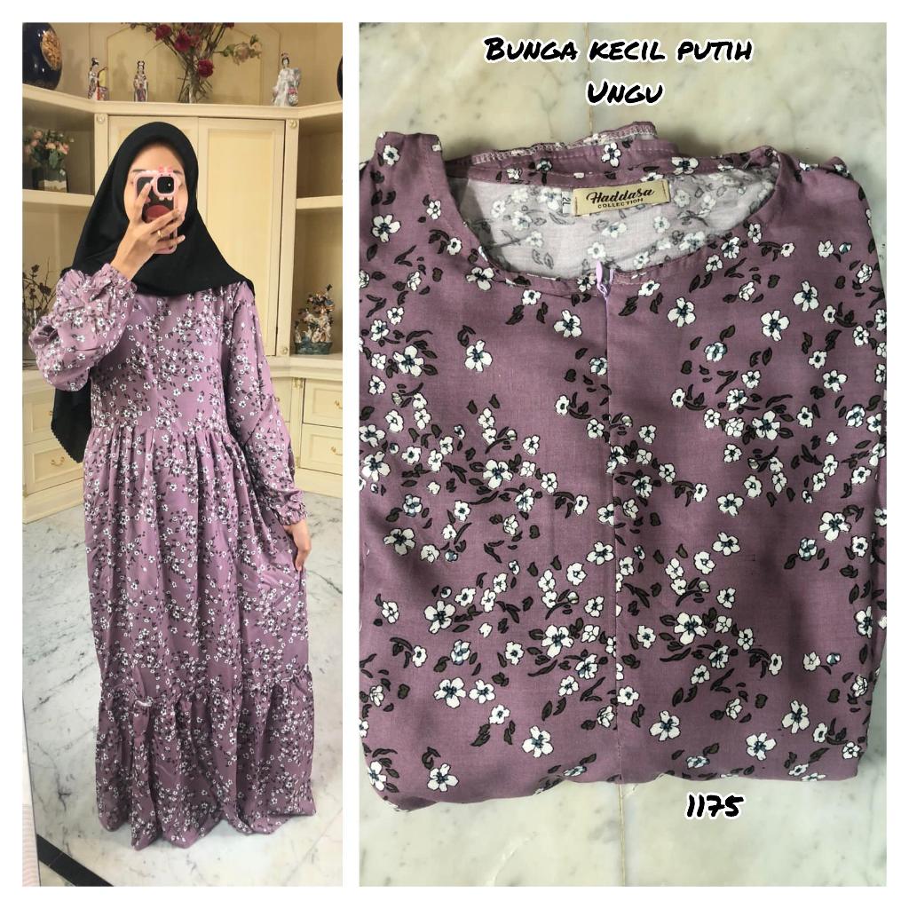 GAMIS RAYON MOTIF BUNGA KECIL PUTIH (UNGU)