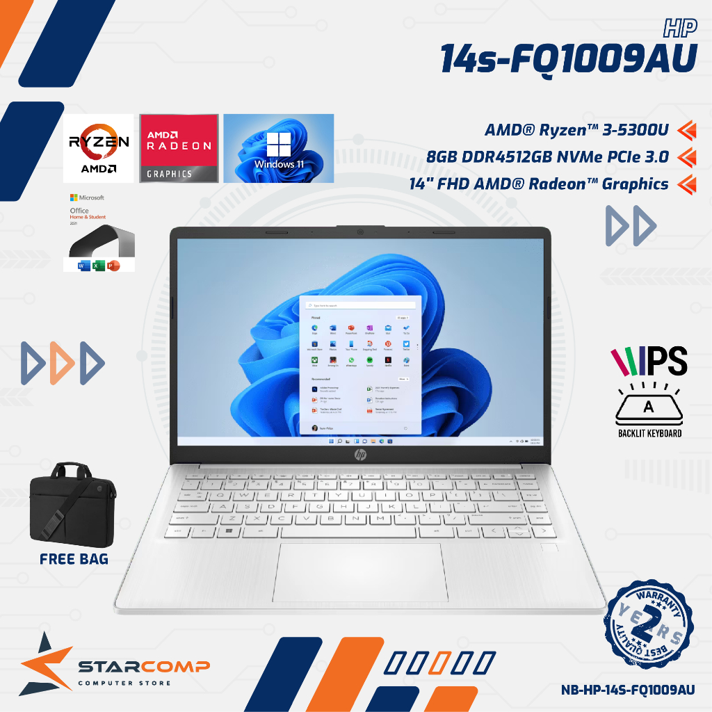 HP 14S FQ1009AU Ryzen 3 5300U 8GB SSD 512GB 14" FHD W11+OHS
