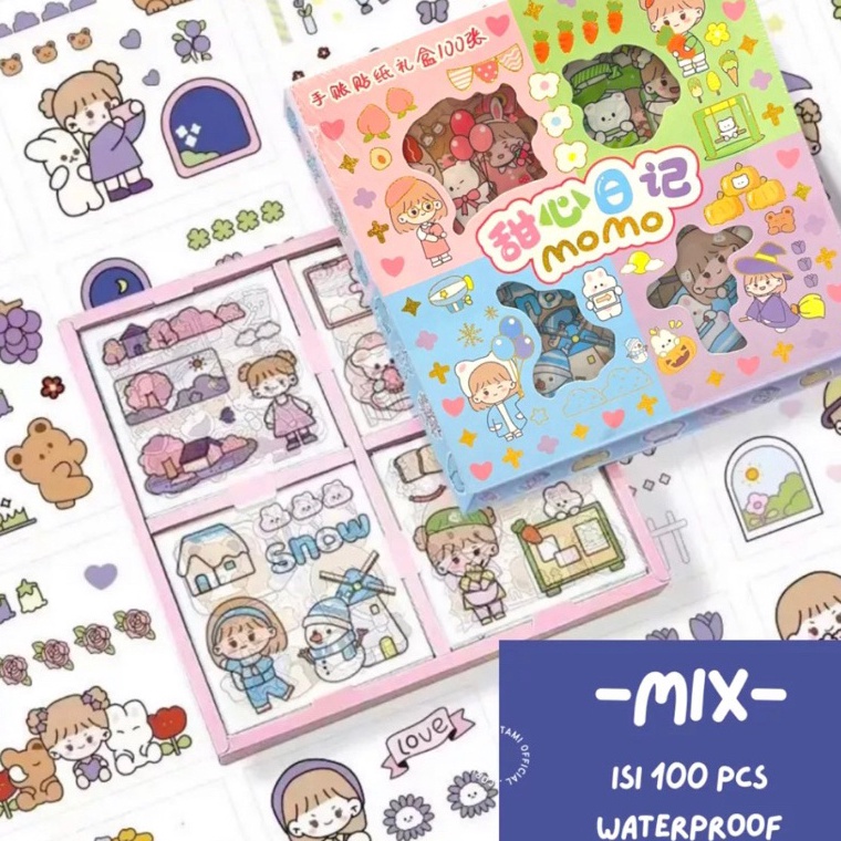 

77 BOP STIKER MOMO RAINBOW 4 WARNA ISI 100 LEMBAR / BOX WATERPROOF PET STICKER LUCU VIRAL Ready Stock ♪ヽ(