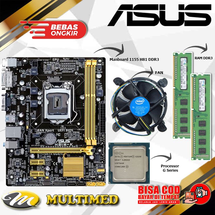 Paket Motherboard Mobo H81 DDR3 + Processor G Series + Fan + Ram
