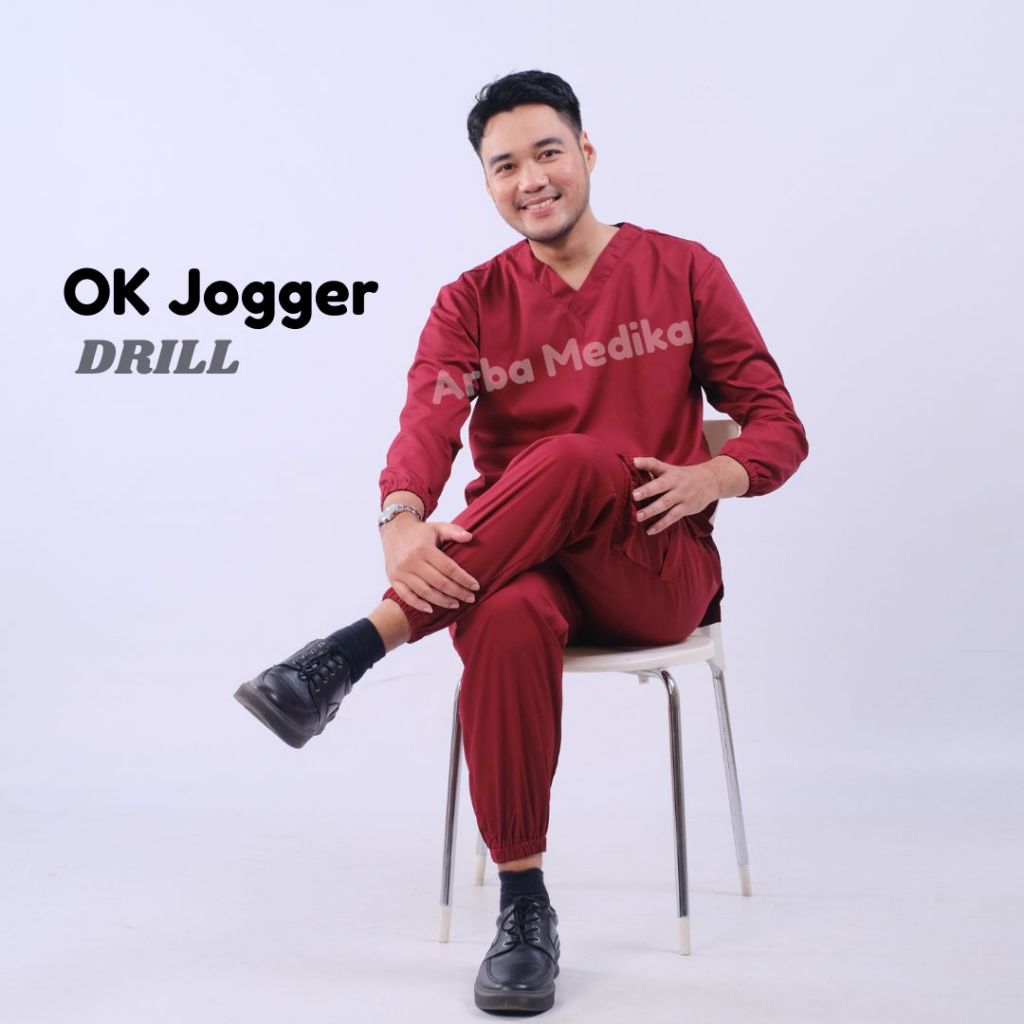 Baju Jaga Ok Oka JOGGER Cargo DRILL Scrub Medis Perawat Lengan Panjang Karet