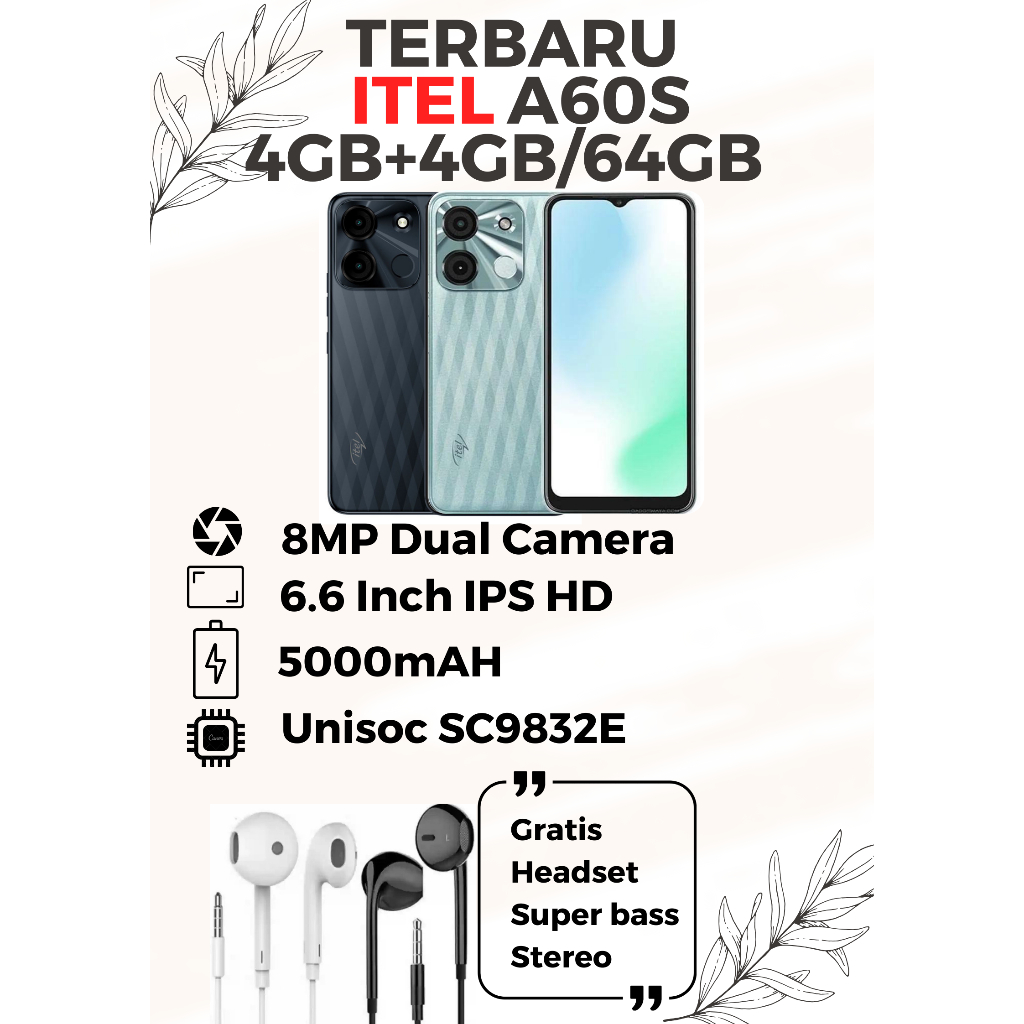 ITEL A60S RAM 8GB (4+4 EXTEND/64GB) GRATIS HEADSET SUPER BASS GARANSI RESMI