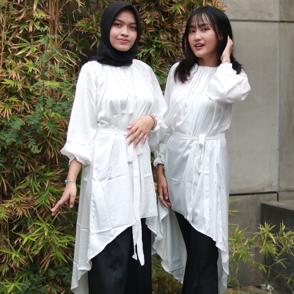 Long Tunik Putih Ikat Sabuk LD 120-126/ Tunik Oversize / Tunik Polos Midi Dress M-L & XL