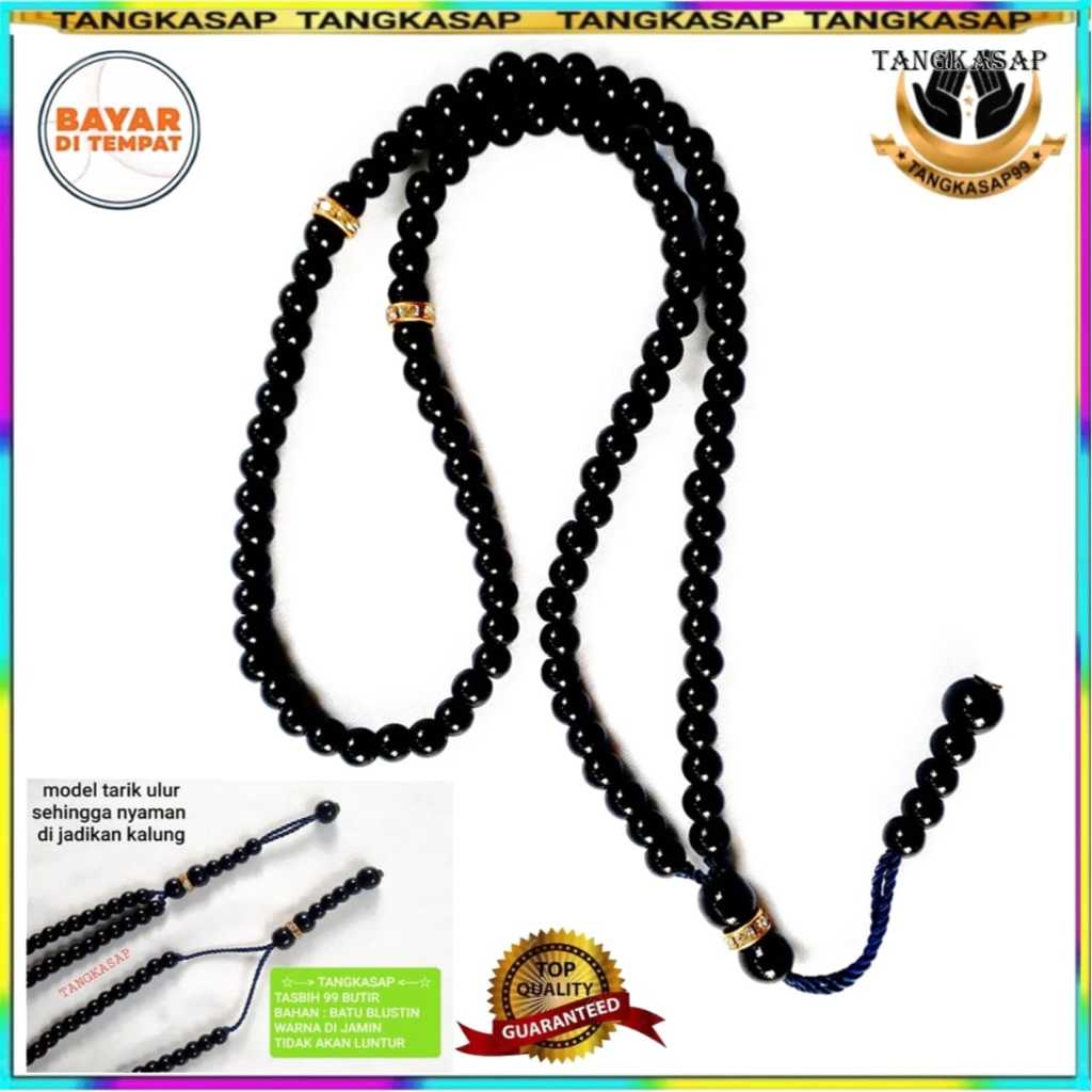 Kalung Tasbih 99 Butir Batu Blustin Hitam Pria Wanita Anti Karat Liontin Keren Model Bulat-Tangkasap