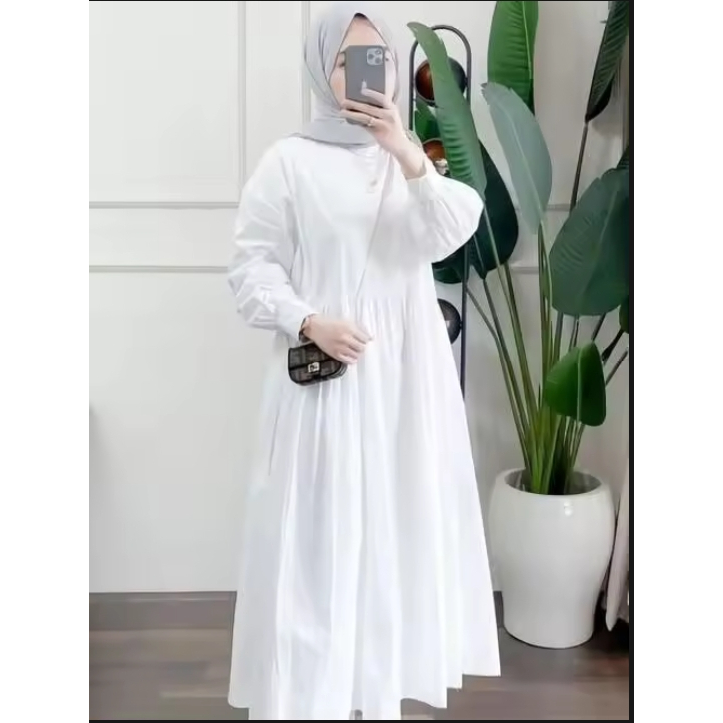 Dress Putih Wanita Remaja Dewasa Terbaru Baju Midi Dress Crinkle Airflow Simple Elegan Kekinian