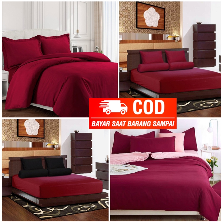 Bedcover Set Homemade Katun Polos Maroon | Bed Cover Set Cowok Cewek | Bedcover Set Murah | Badcover