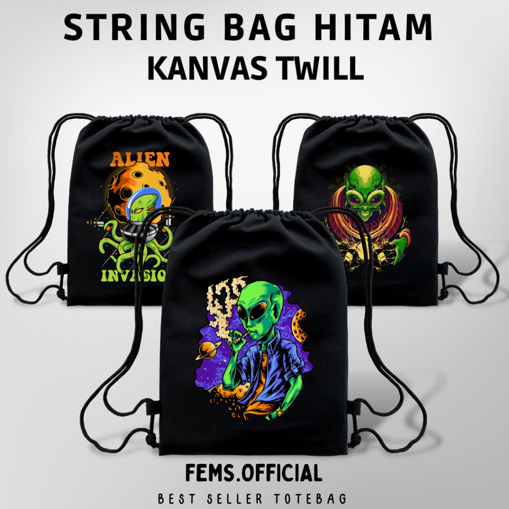Tas Serut Aesthetic Astronaut String Bag Bahan Kanvas Twill Hitam Tebal