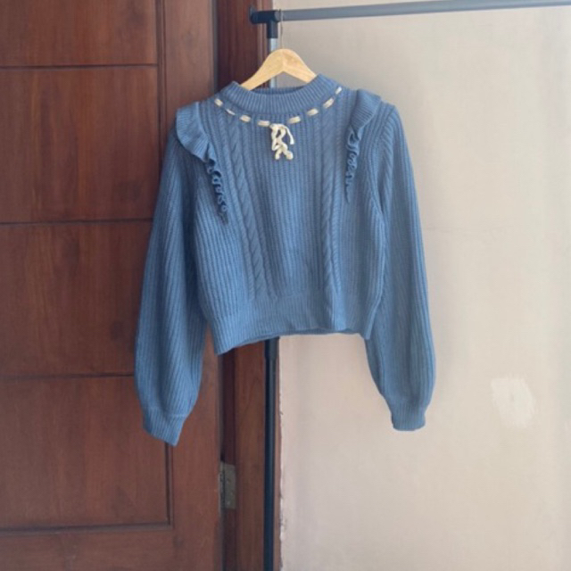 ruffle sweater not ZARA GRL - atasan ruffle lengan balon denim brand fint