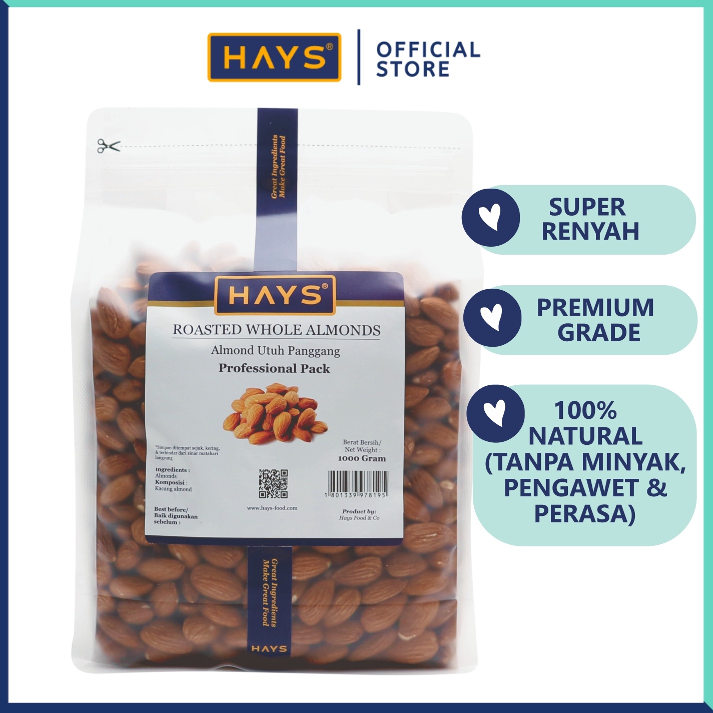 

[♠N86➢] Almond Utuh Panggang 1KG / Roasted Whole Almond 1KG - HAYS [68]