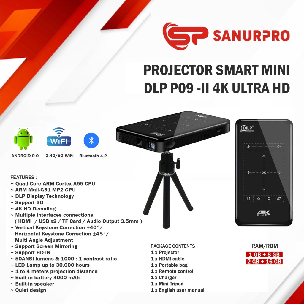 PROJECTOR SMART MINI DLP P09-II 2GB 4K ULTRA HD