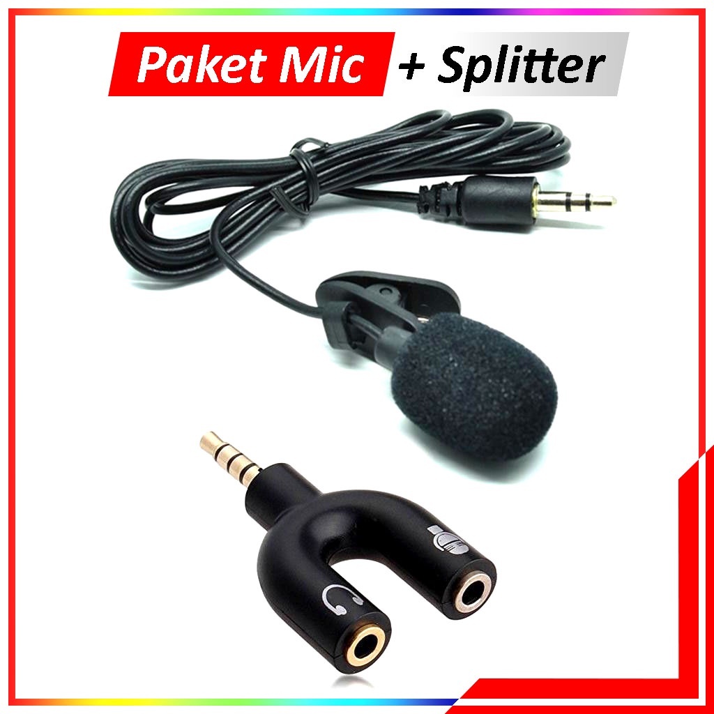 Ideku Paket Clip On Mic Microphone 3.5mm + Audio Splitter U Shape Paket Youtuber Vlog Smule + Splitt