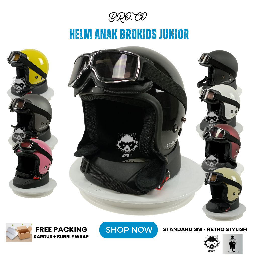 HELM ANAK HALF FACE RETRO BOGO KLASIK PLUS GOGGLE KACAMATA HAIDER ROBOT STANDARD SNI PREMIUM BROKIDS