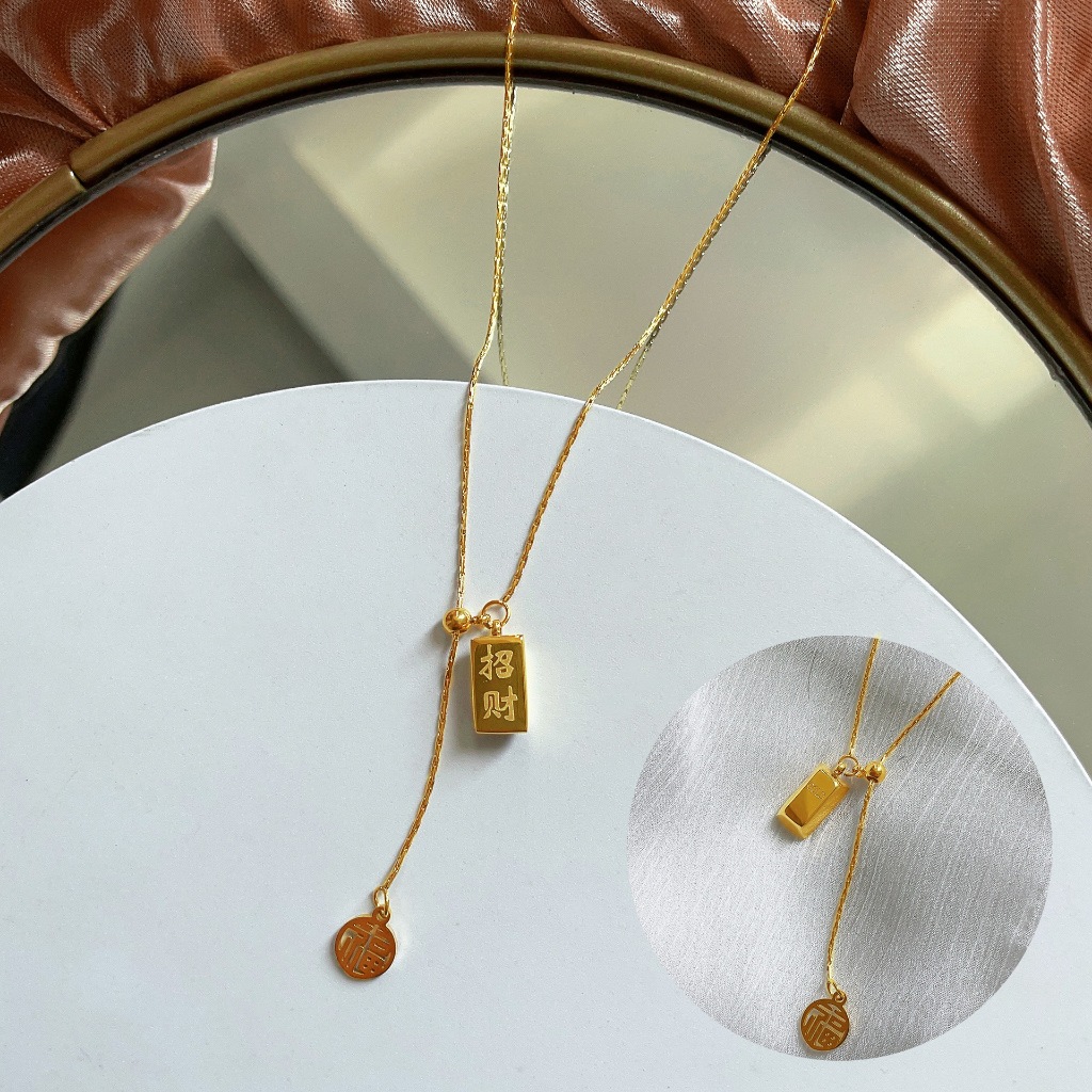 TSW015 - Kalung Serut Titanium Wanita Model Y Liontin Emas Batang Anti Karat Anti Luntur Selamanya, 