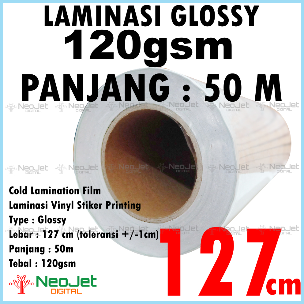 

Bahan Laminasi Dingin Gloss Kilap 120 gsm 127 cm panjang 50m Pelapis Stiker Vinyl PVC