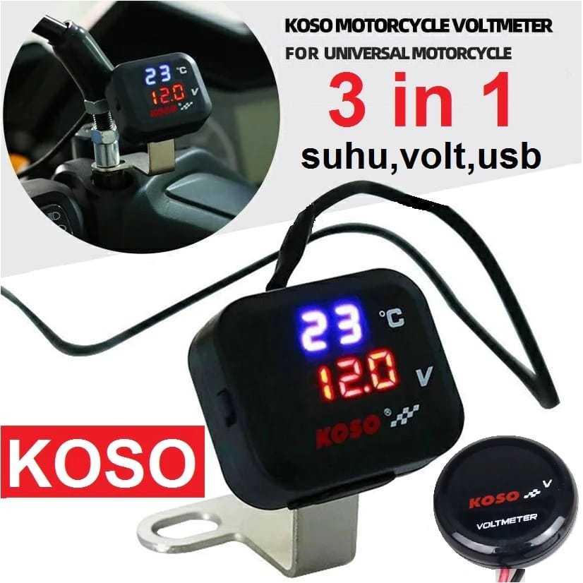 Koso Voltmeter 3in1 Pengukur Alat Ukur Tegangan Aki Suhu Digital Jam dengan USB Charger 12V 24V Wate