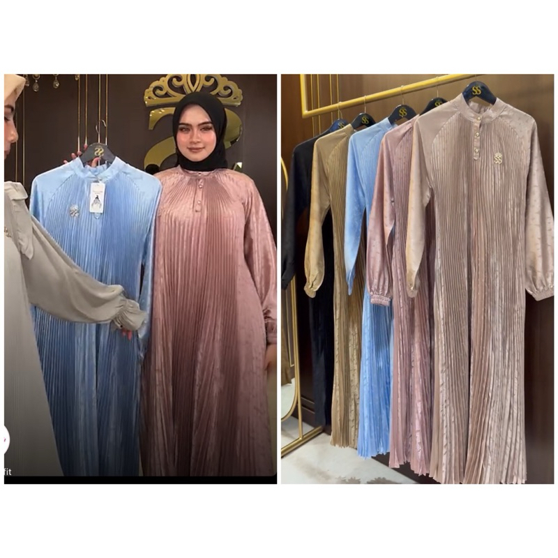 dress gamis prisket kancing depan silk emboss SS ori SHELLASAUKIA