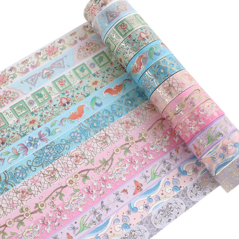 (READY) 12 ROLL GOLD FOIL FLOWER ORNAMWNT WASHI TAPE | hampers masking tape bujo bullet journal jour