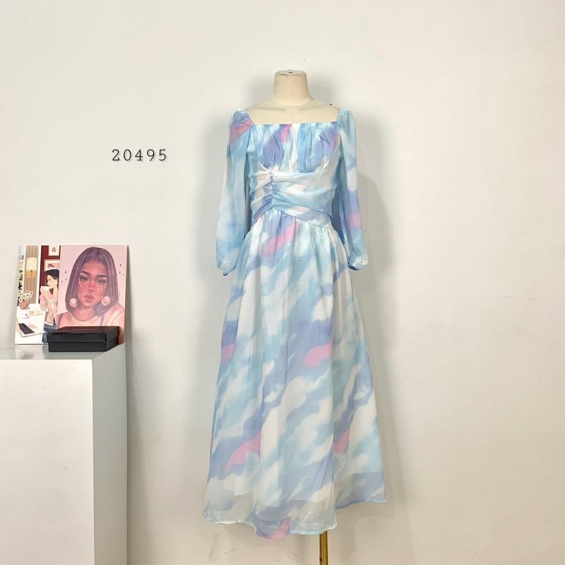 20495 Dress Wanita Panjang Premium / Dress Ceruty Gradasi Twiss Ripped Full Karet Punggung Variasi l
