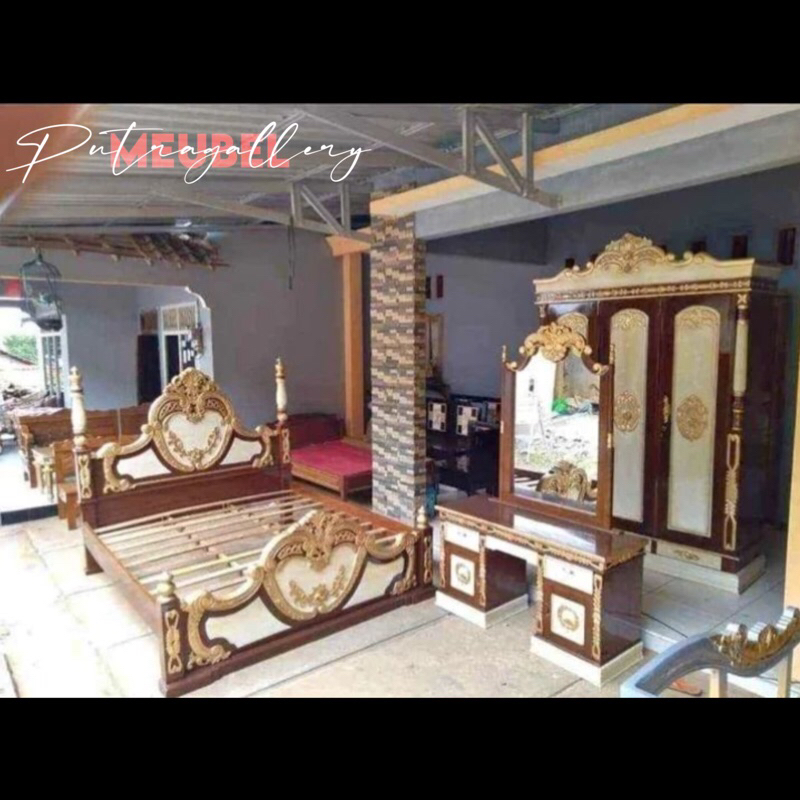 Set Kamar Tidur Cinta Ukir Kayu Jati Jepara Finishing Warna Natural Kombinasi Motif Marmer PGM-005