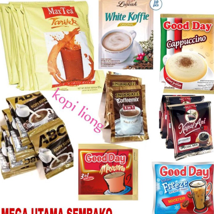 

Super Promo kopi kapal api / good Day cappucino / kopi liong / teh tarik / torabika capucino Isi 10 saset promo Ready