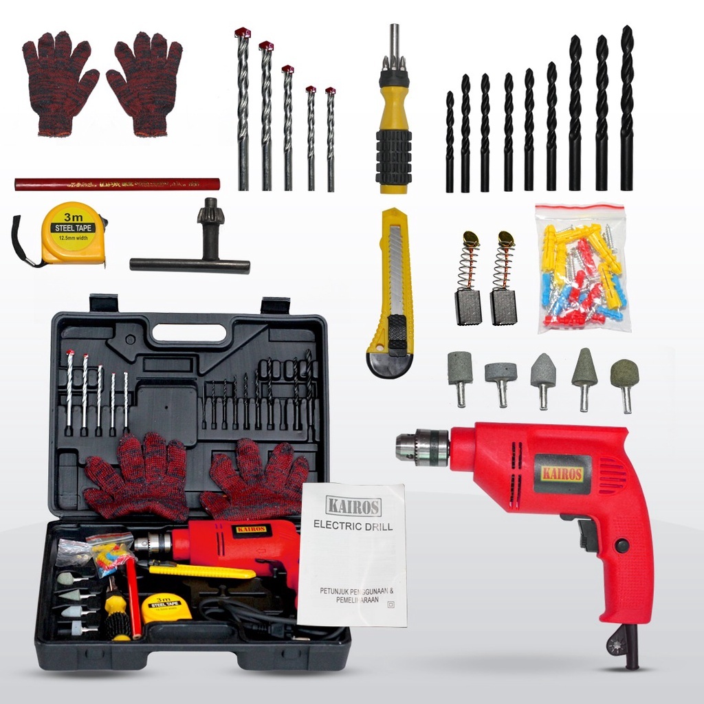 Promo Akhir Tahun  Mesin Bor Kayu Dan Besi Bor 10mm Set Box Koper Kairos Impact Drill Bor Bolak Bali