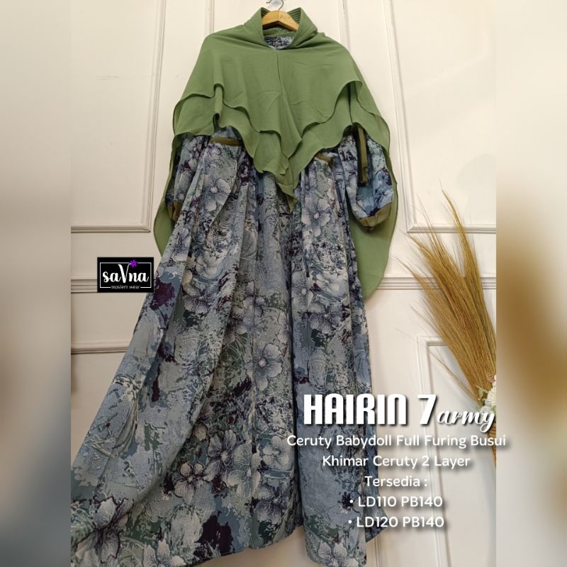 Hairin 7 Ld110 & Ld120 (Label Savna) Set Gamis Syari Hijab Ceruty Busui Friendly Diskon Sale