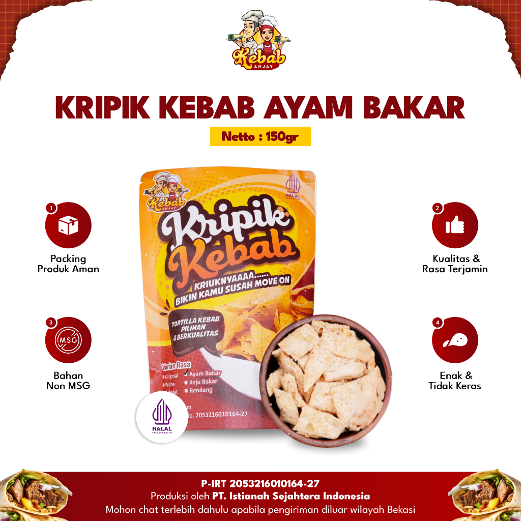 

Keripik Kebab Anjay Kribab 150gr Kripik Kulit Kebab Ayam Bakar Cemilan Renyah Non MSG Halal