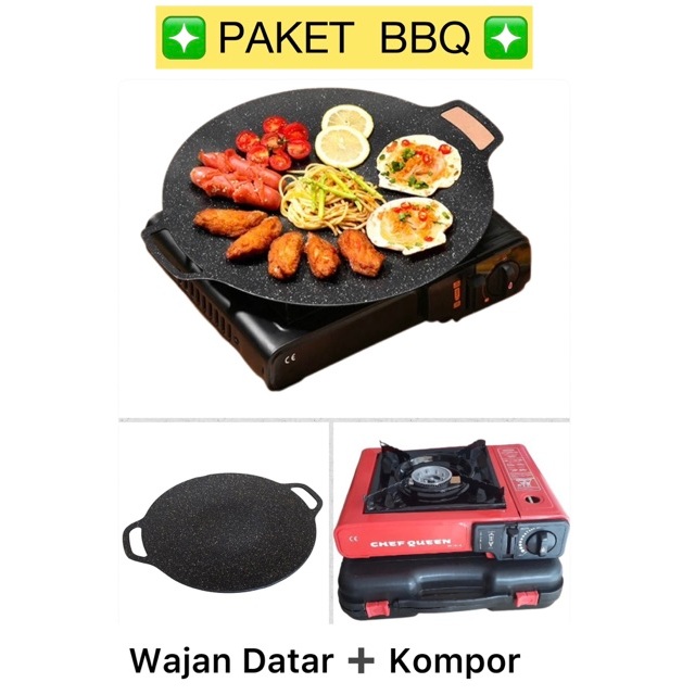 PAKET SET HEMAT KOMPOR PORTABLE DAN WAJAN DATAR GRILL PAN KUALI