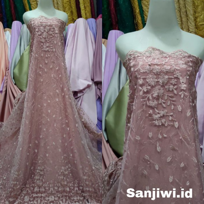 TIPE NZZ741 Kain tile tulle brokat brukat mutiara / kain tile akar mutiara pinggiran / bahan brukat 
