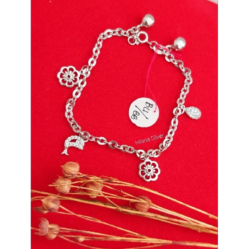 Gelang Tangan Rantai Sedang Gantungan Mahkota Love Dolpin Bunga MataAir Perak S925 Dewasa Remaja Ana