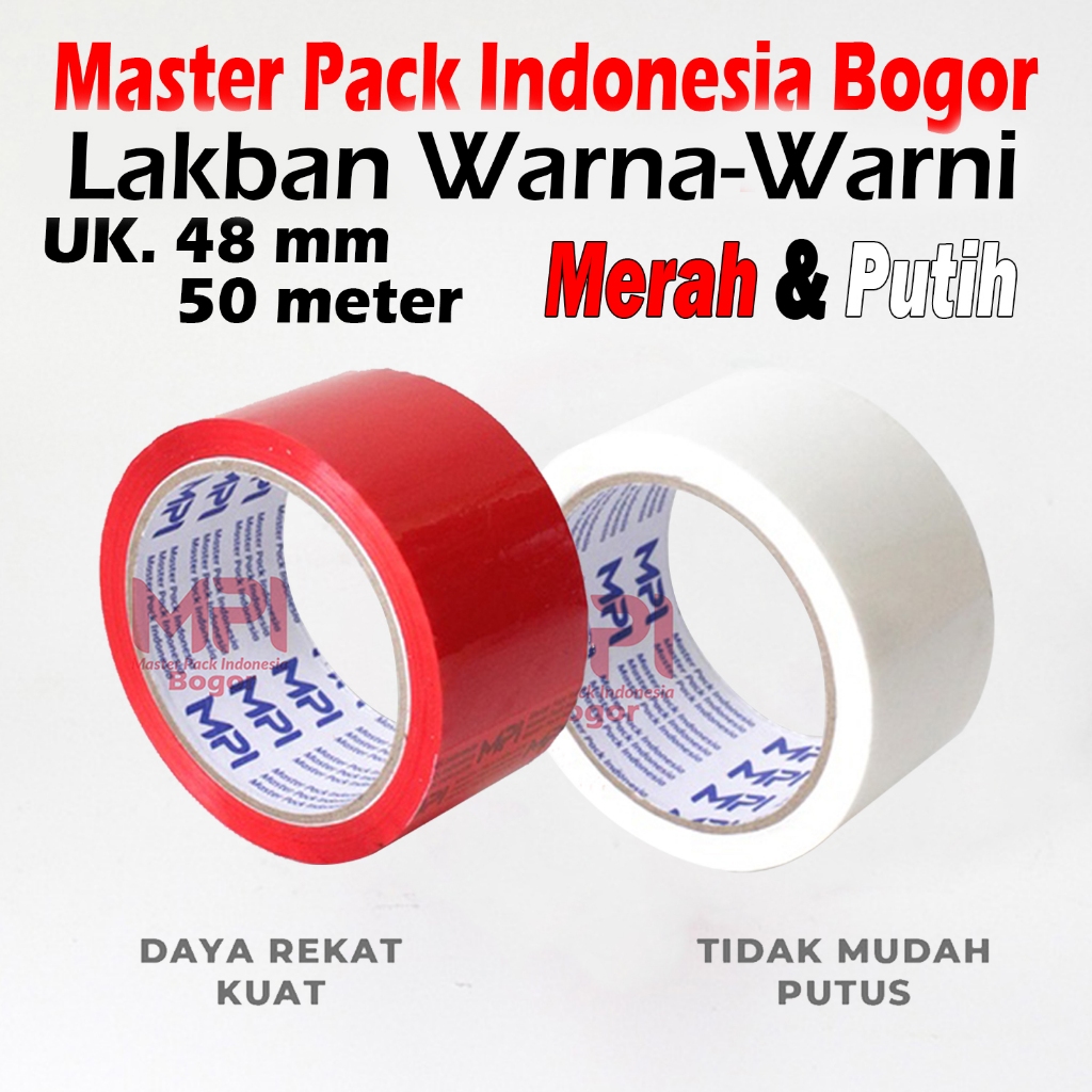 

Lakban Warna Merah & Warna Putih 48 mm x 50 Meter / Lakban Warna Warni - Lakban Warna Master Pack Indonesia Bogor