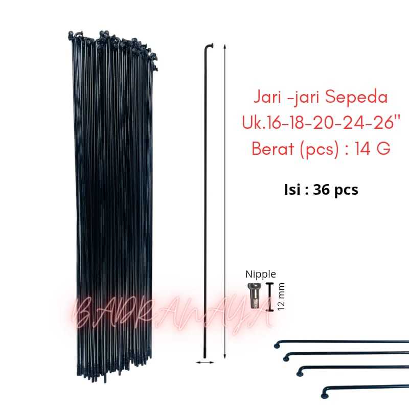 Jari Jari Sepeda Spoke Isi @36 pcs Uk. 16 - 18 - 20 - 24 - 26 Hitam Silver 14G Spak Jeruji Panjang BMX Lipat MTB